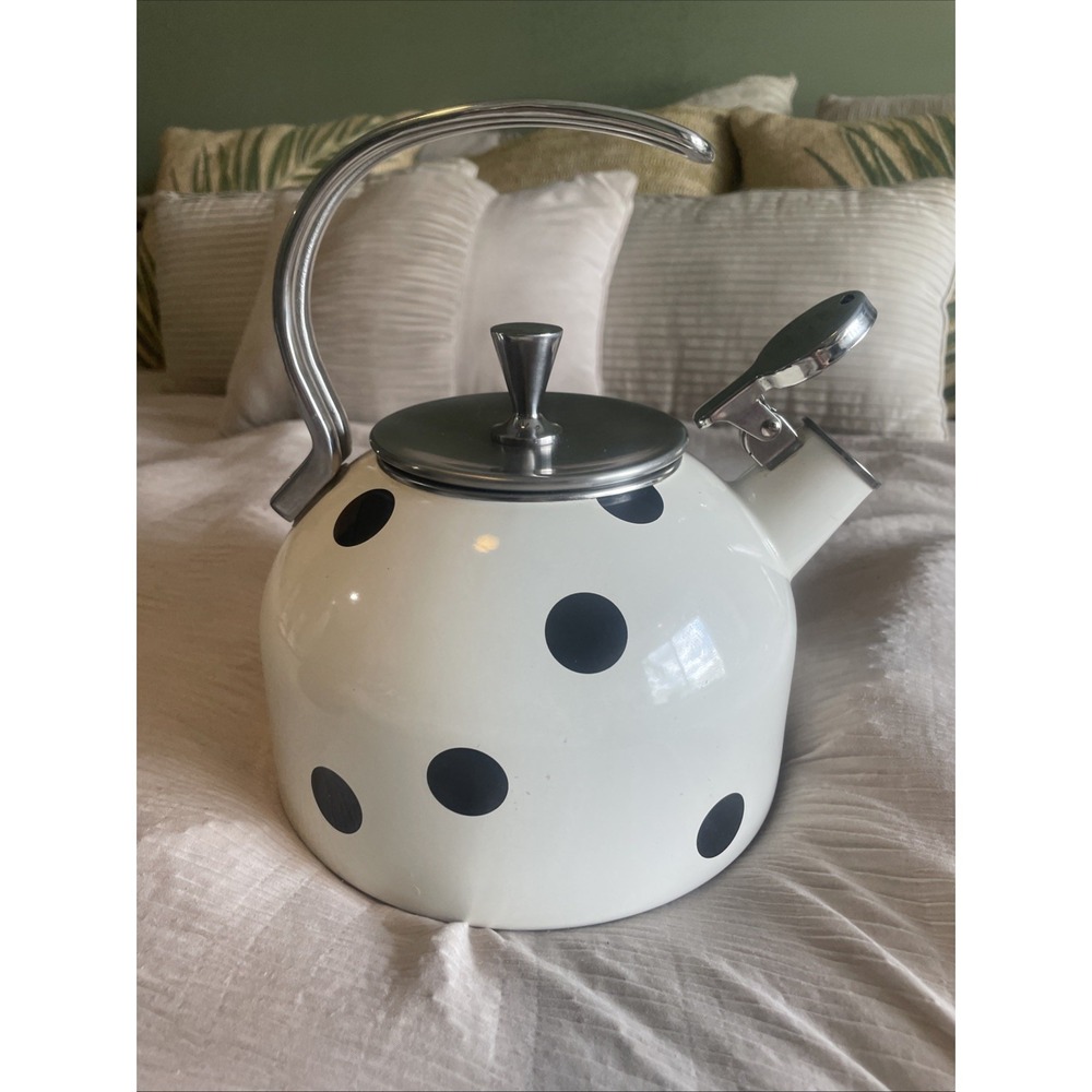 Kate Spade New York Lenox Deco Dot Whistling Tea Kettle White Black Polka Dot